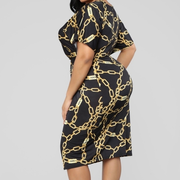 Fashion Nova| Black V-Neck Midi Dress With Gold Toned Chain Link Pattern - Picture 4 of 14